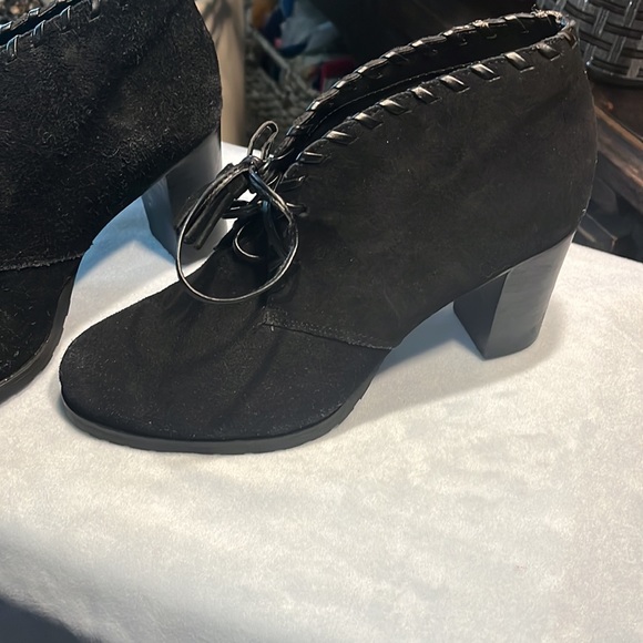 Lauren Ralph Lauren | Black suede booties w/ leather edge and tassel ties - Picture 2 of 8